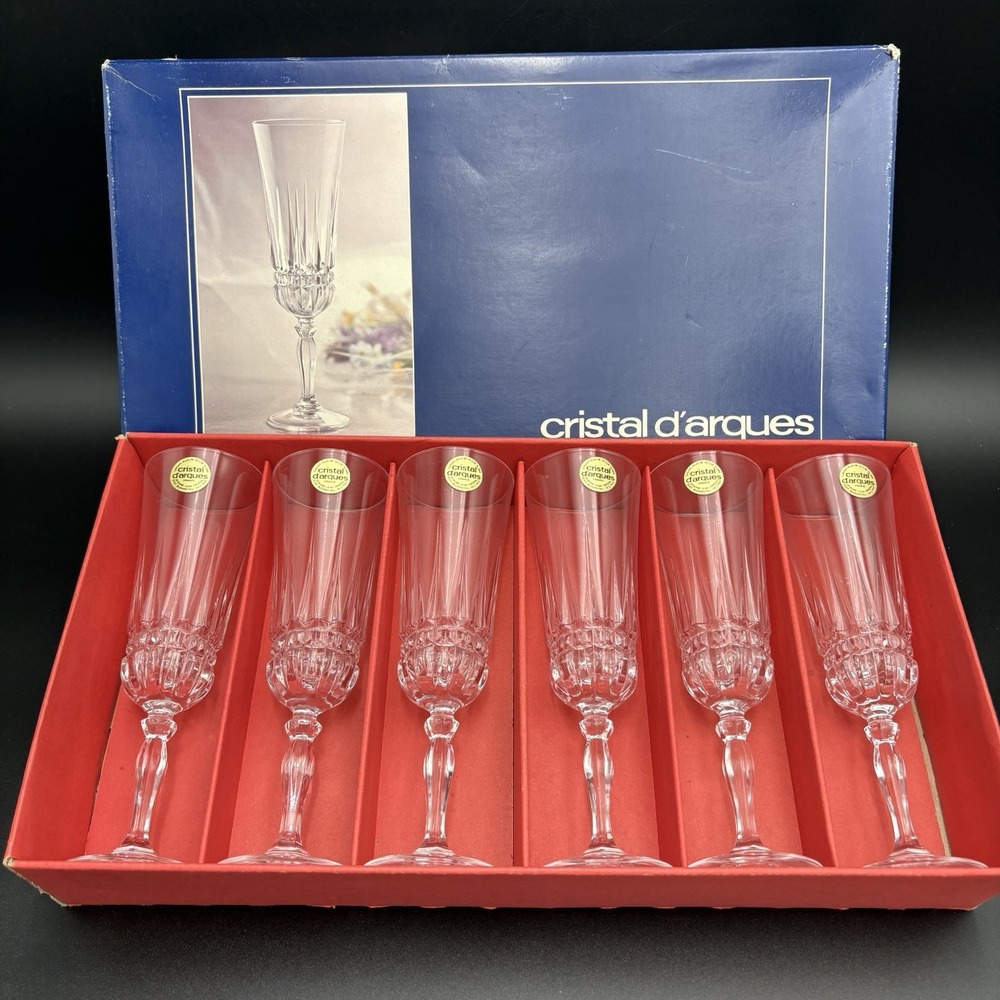 Cristal D'Arques-Durand Villeneuve Champagne Flutes Set of 6 Lead Crystal Vtg